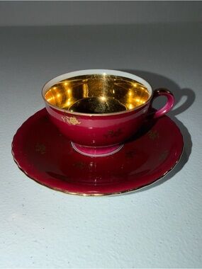 Vintage Schirnding Bavaria Teacup And Saucer In Striking Red With Gold Trim